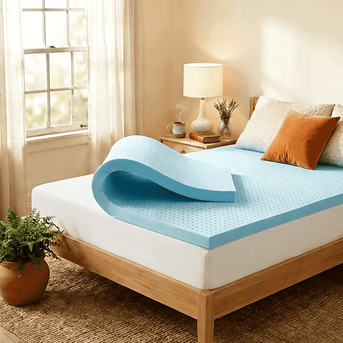IULULU 2 inch Queen Size Blue Memory Foam Mattress Topper, Breathable High Density Support Foam Bed Pad for Pressure Relief & Cozy Sleep