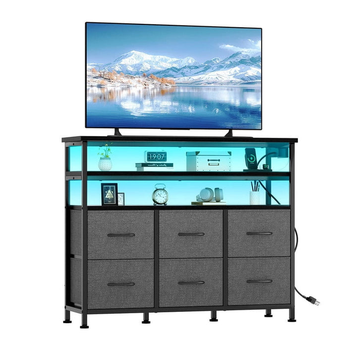 Simenmax TV Stand for Up to 45 Inch TV, Wood Top Media Console with 6 Fabric Drawers, LED Lights & Charging Station,Gray