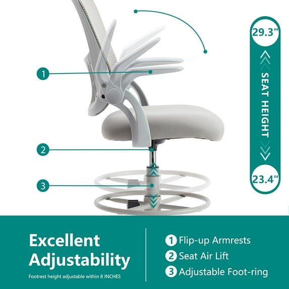 Ergonomic Tall Drafting Chair, Height-Adjustable Office Desk Chair with Fixed Armrests, Lumbar Support, Footrest & Rolling Wheels for Standing Desk