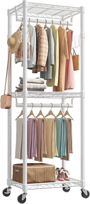 Simenmax 23'' Clothes Rack with Wheels, 360° Lockable Rolling Garment Rack, Double Rods & Side Hooks Freestanding Closet Organizer,White