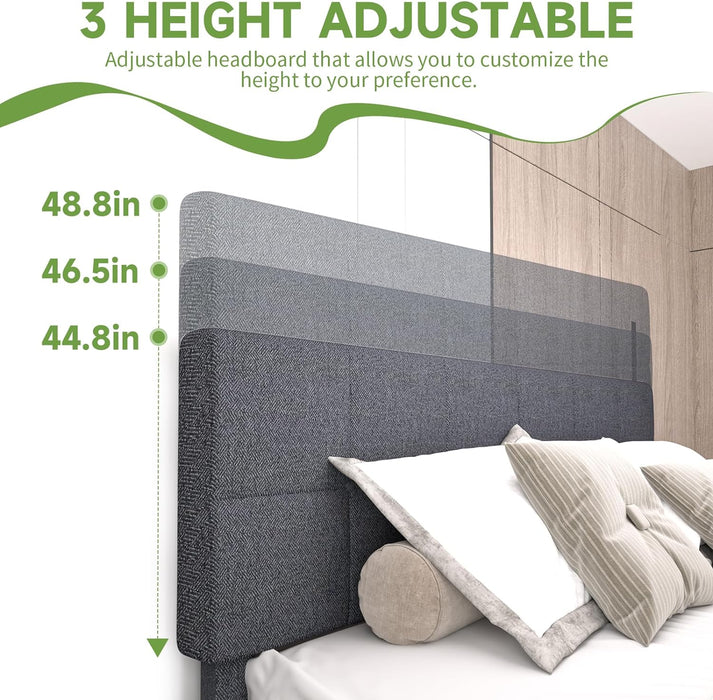 Queen Bed Frames with Headboard, Upholstered Platform Bed with Wood Slats 800 lbs Support , Noise Free, No Box Spring Needed, Dark Grey
