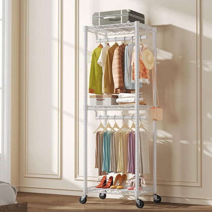 Bigleap 23" Rolling Garment Rack with Wheels, 360° Lockable Clothing Rack, Double Rods & Side Hooks, Adjustable Freestanding Clothes Organizer for Bedroom, Laundry, Retail,White
