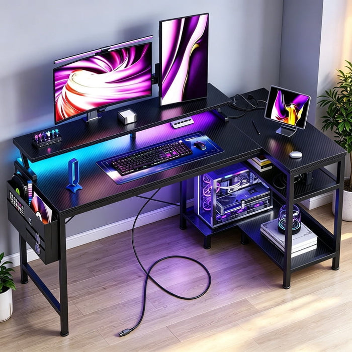 Betcozy L Shaped Gaming Desk with LED Lights and Power Outlet, 48" Corner Computer Desk with Full Monitor Stand, Small Space Home Office Workstation with Storage Shelves and Side Pocket, Black