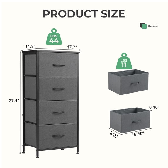 Aidoly Dresser, 4 Storage Drawers, Anti-Tip Fabric Closet Chests Organizer Tower Furniture with Wooden Top, Metal Frame