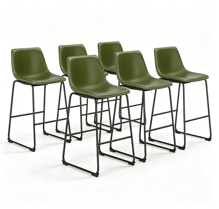 6-Pack Indoor Counter Bar Stools, Modern Metal Faux Leather Barstools, Green, 26 inch