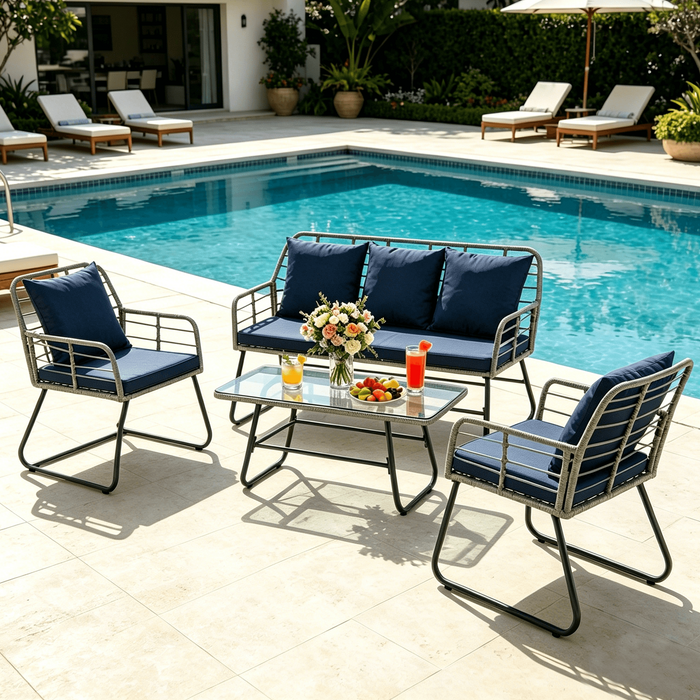 Betcozy 4 Piece Patio Furniture Set, Outdoor Wicker Loveseat and Sofa Chairs Conversation Set with Rectangular Glass Table & Cushions, Heavy Duty Lawn Conversation Set for Garden, Poolside, Blue