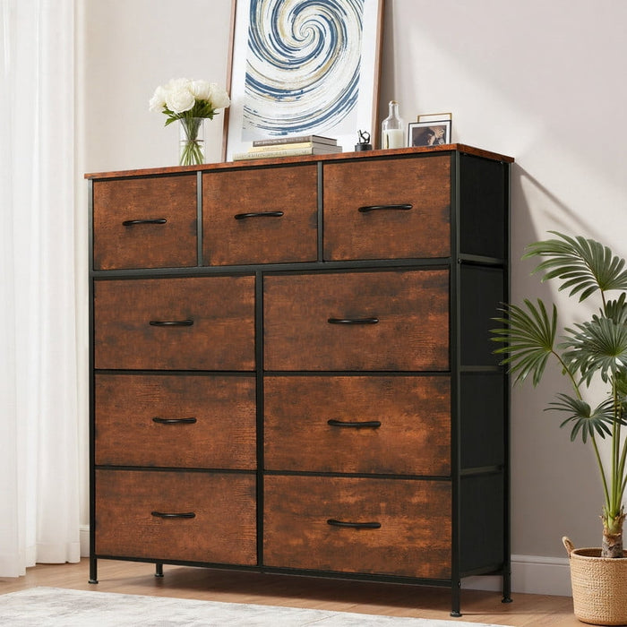 Ethovia 9-Drawer Fabric Storage Dresser, Sturdy Steel Frame with Wooden Tabletop, Wide Foldable Bins, Perfect for Bedroom, Hallway, and Entryway, Rustic