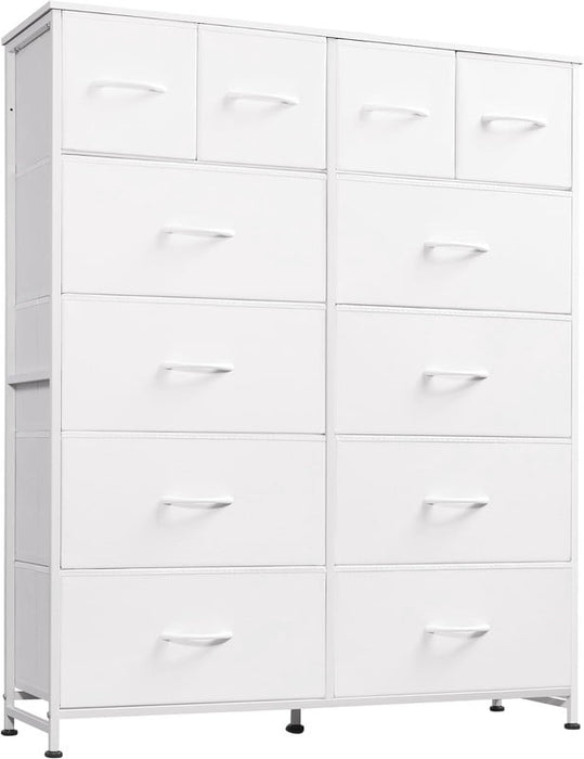 Simenmax 12-Drawer Tall Dresser for Bedroom, White Fabric Dresser with Steel Frame & Wood Top, Space-Saving Chest for Closet, Living Room, Entryway