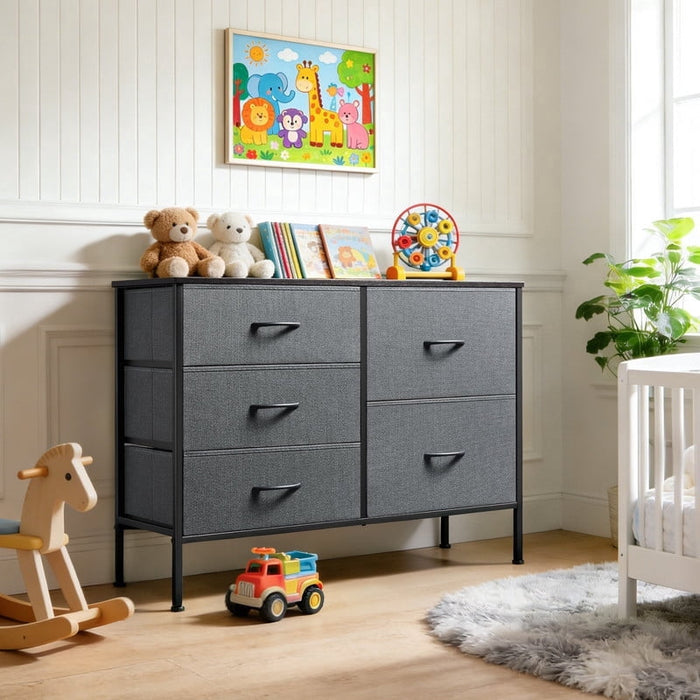 Taoset 5 Drawers Dresser, Storage Dresser Organizer with Drawers, Chest of Drawers, TV Stand Dresser with Metal Frame and Wood Tabletop for Bedroom, Guest Room, Closet, Entryway, Nursery, Gray