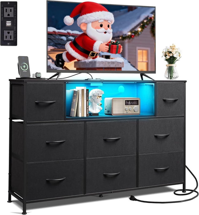 Simenmax LED TV Stand for 45-55 Inch TV, Entertainment Center with 8 Fabric Drawers & Open Shelves, Charging Station with 2 USB & 2 AC Outlets, Black