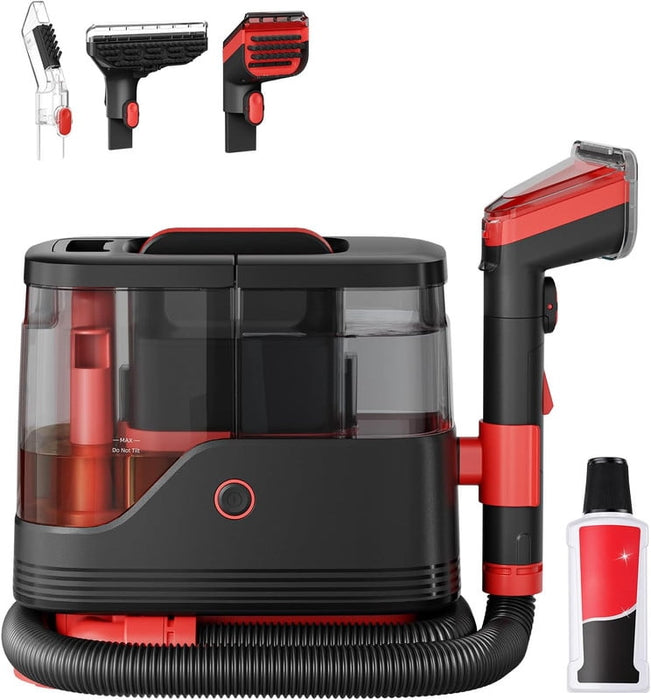 Simenmax Portable Carpet & Upholstery Cleaner ¨C 13KPa Suction, 3 Attachments, Removable Twin Tanks, Lightweight Spot Shampooer for Sofa, Car Seats, Stairs, Red