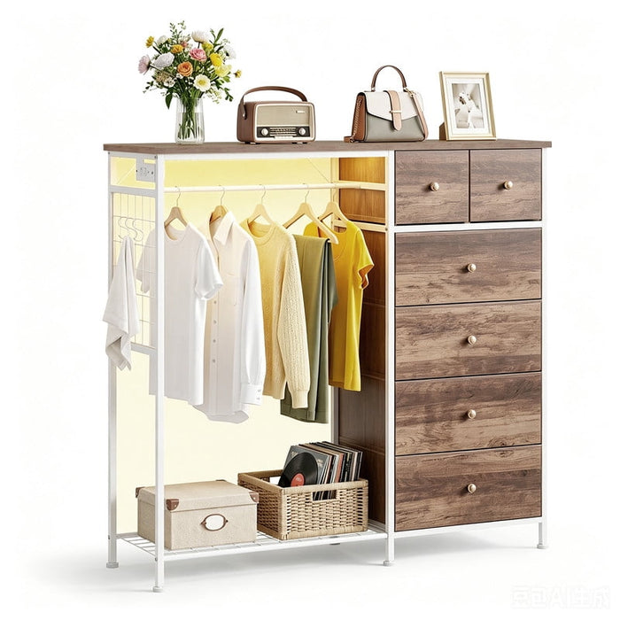 Simenmax 6-Drawer Storage Closet with LED Lights & Charging Station, 49.2" Wide Wooden Wardrobe Rack with Fabric Bins,Portable Clothing Organizer for Bedroom, Entryway,OAK