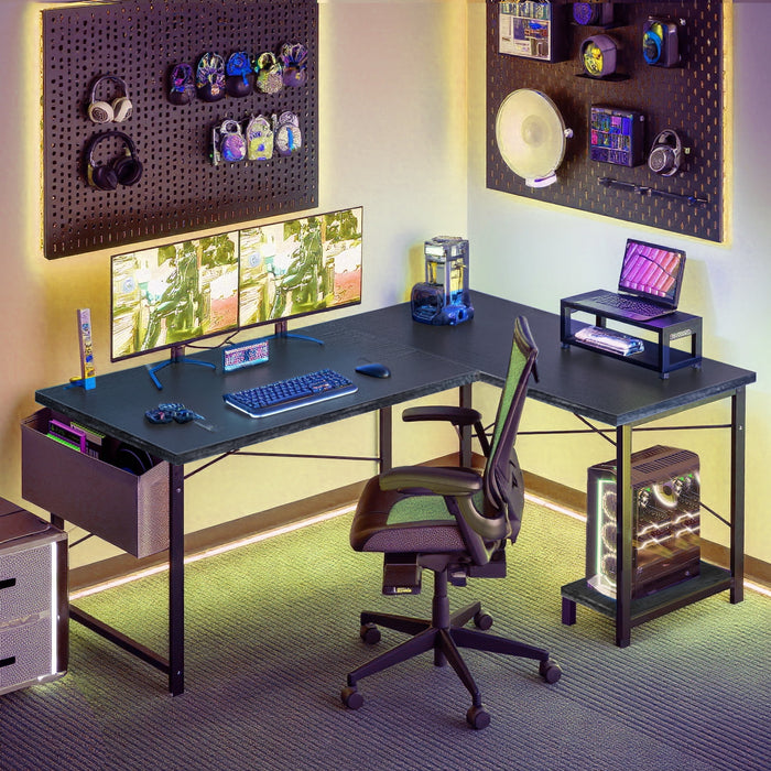 Blorly L Shaped Gaming Desk, 50 Inch Reversible Corner PC Work Table for Writing Study, Wood Tabletop and Metal Frame, CPU Stand Side Bag for Home Office Small Space, White