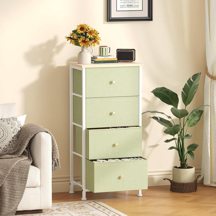 Nextay Narrow Fabric Dresser with Steel Frame, 4-Drawer Vertical Storage Tower Nightstand for Bedroom, Dorm, Entryway â€?Space-Saving Organizer for Small Spaces, Light Green