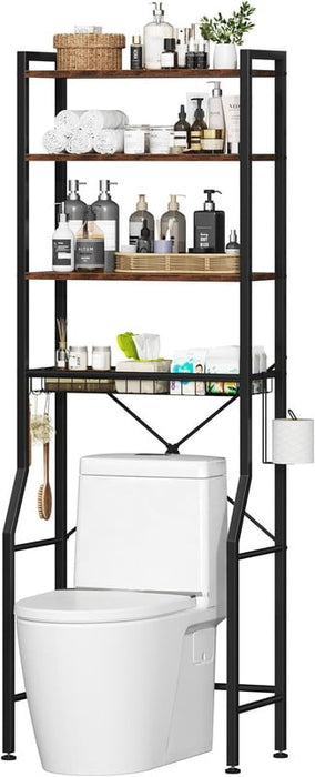 Simenmax Over-The-Toilet Storage Rack, 4-Tier Bathroom Organizer with Adjustable Shelves, Space-Saver Shelf Unit with Paper Holder & Hooks,Brown