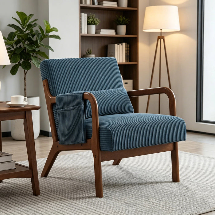 Mid-Century Modern Accent Chair with Armrests, Side Storage Pocket & Lumbar Pillow, Solid Wood Frame Leisure Chair for Living Room & Reading Room, Blue, 22.83"×30.31"×28.74"