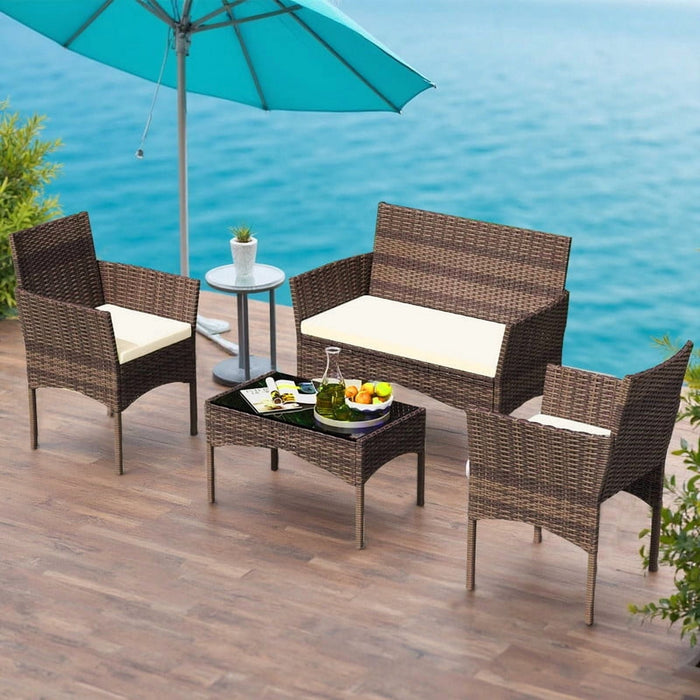 Blorly 4 Piece Outdoor Patio Furniture Set, All-Weather Rattan Wicker Conversation Set with Washable Cushions & Glass Top Coffee Table, Modern Sectional Garden Sofa Set for Backyard, Porch, Poolside (Brown)