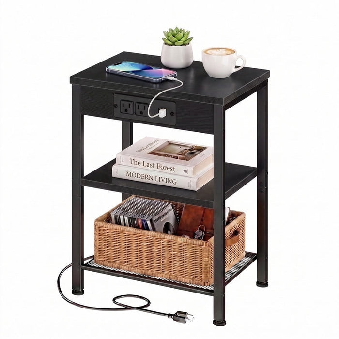 Taoset 3-Tier Smart Side Table with Power Outlet and USB Ports, Charging Nightstand with Mesh Shelf for Bedroom, Living Room, Dorm, and Small Spaces, Black