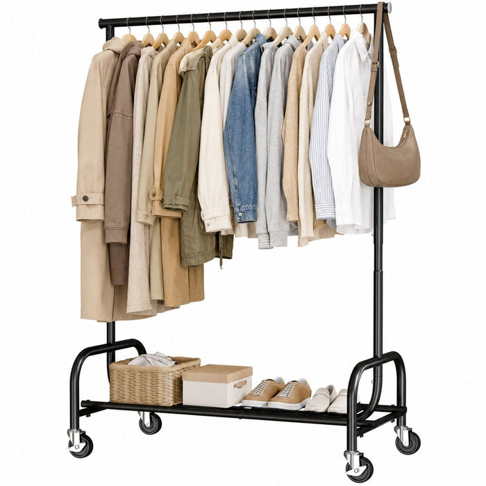 Taoset Extendable Rolling Garment Rack, Heavy‑Duty Clothing Rack with Wheels & Bottom Storage Shelf, Black