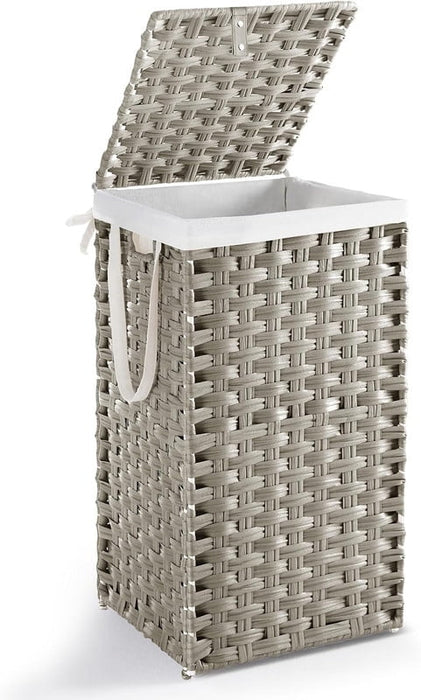 Simenmax 65L Foldable Laundry Hamper with Lid, Woven Laundry Basket with Removable Washable Liner, Rattan Clothes Hamper Sturdy Steel Frame Rattan Basket, Gray