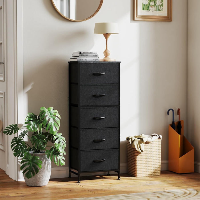 Betcozy 5-Drawer Nightstand Storage Dresser, Classic Bedroom Dresser for Clothes & Nursery Organization, Stable Metal Frame, Wooden Top, Black