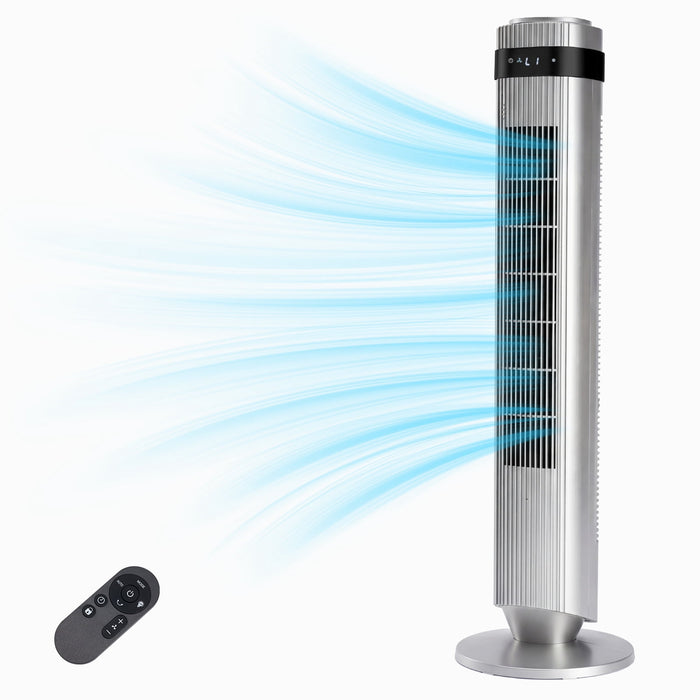 Ethovia 35" Quiet Bladeless Tower Fan – 25ft/s High-Velocity DC Motor, 5-Speed & 4-Mode Settings, 64° Wide Oscillation, 12-Hour Timer, Remote Standing Fan for Bedroom, Gray