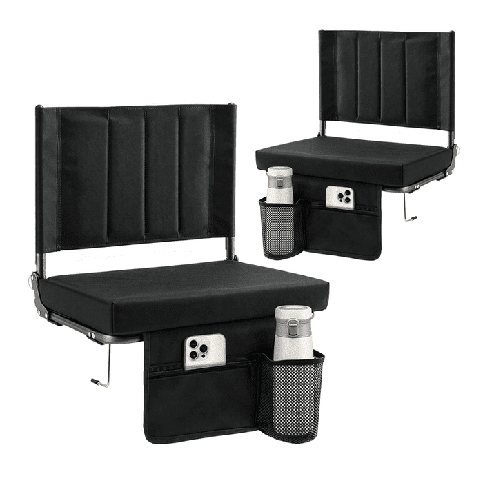 Taoset 3.5 Inch Thick Stadium Chair, Wide Folding Bleacher Seat with Backrest, Anti-Slip Steel Hook, Portable Compact Sports Chair with Padded Cushion & Cup Holder for Camping, Football, Black, 2 PCS