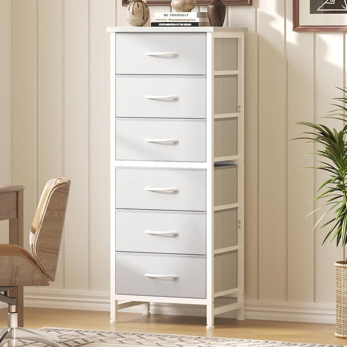 Bigleap 6-Drawer Slim Dresser, Fabric Storage Tower for Bedroom & Entryway, Sturdy Steel Frame & Wood Top for Small Spaces,White