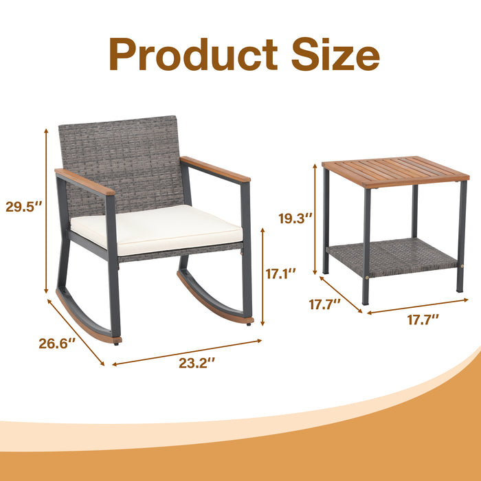 3 Pieces Rocking Bistro Set, Patio Rattan Furniture Conversation Chairs with Coffee Table & Cushions for Balcony Porch Poolside