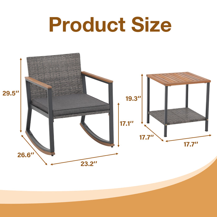 Betcozy 3 Pieces Rocking Bistro Set, Patio Rattan Furniture Conversation Chairs with Coffee Table & Cushions for Balcony Porch Poolside