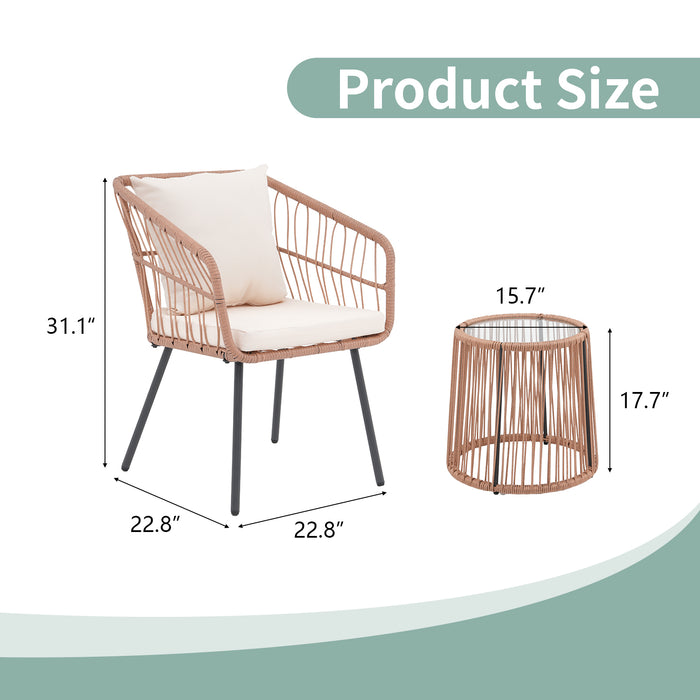 3 Piece Outdoor Wicker Furniture Patio Bistro Set, Rattan Conversation Set with 2 Wicker Patio Chairs, Coffee Table and Cushion, Patio Furniture for Porch, Backyard, Balcony