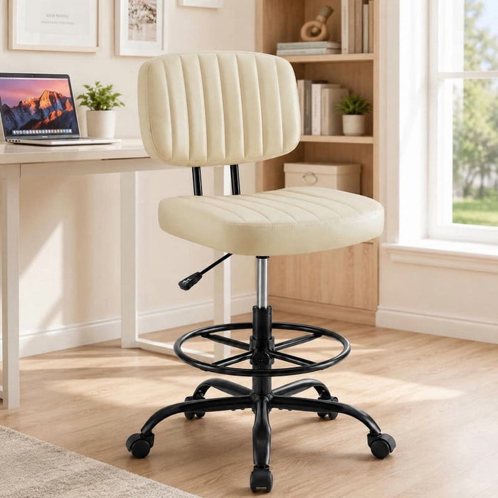 Simenmax Tall Office Chair, Low Back Drafting Chair PU Leather Standing Desk Chair with Footrest Ring, Swivel Rolling Stool for Studio, Lab, Counter, Small Spaces, Beige