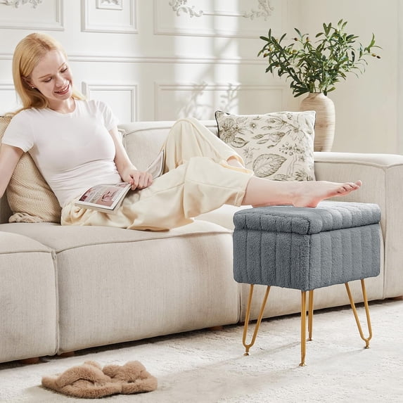 Parcus Faux Fur Vanity Stool with Storage, 16"L x 12.2"W x 18.9"H, Makeup Ottoman Chair with Padded Seat, 4 Metal Legs & Adjustable Anti-Slip Feet