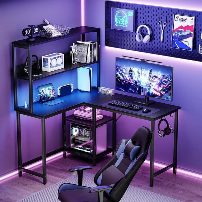 Nextay 53¡± Reversible L-Shaped Gaming Desk with Charging Station, RGB Lights & CPU Stand, Black Home Office Computer Table