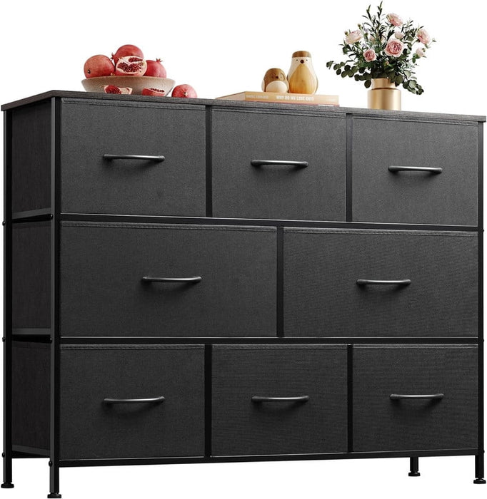 Bigleap TV Stand 8 Drawer Dresser for Bedroom, Large Storage Fabric Dresser with Wood Top, Versatile Chest of Drawers for Living Room, Closet, Entryway,Black