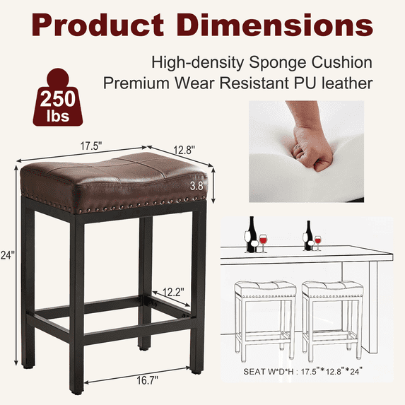 Aidoly Set of 2, 24 Inch Counter Stools - Ergonomic Saddle Seat with Metal Frame & Footrest for Kitchen Island, Living Room