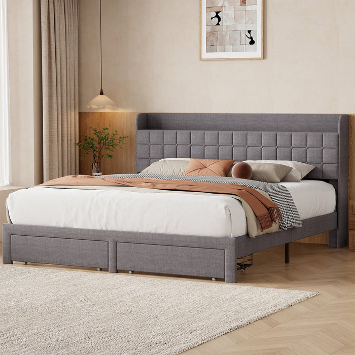 Taoset King Size Upholstered Platform Bed Frame with 4 Storage Drawers, Tufted Wingback Headboard with Top Storage Shelf, Heavy Duty Steel Slat Support, No Box Spring Needed, Noise-Free, Grey Linen
