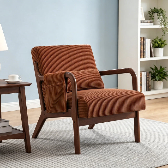 Mid-Century Modern Accent Chair with Armrests, Side Storage Pocket & Lumbar Pillow, Solid Wood Frame Leisure Chair for Living Room & Reading Room, Orange, 22.83"×30.31"×28.74"