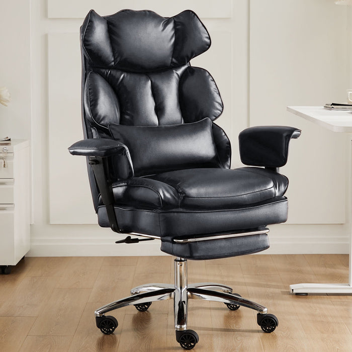 Betcozy Executive Office Chair, Ergonomic High Back Office Chair with Retractable Footrest & Lumbar Support, Reclining PU Leather Computer Chair, Height Adjustable Swivel Task Chair, Black