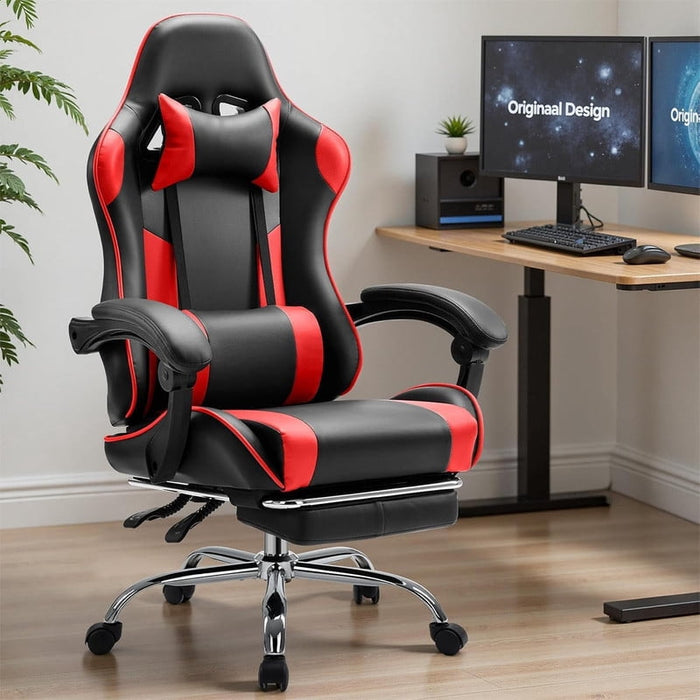 Nextay High-Back Gaming Chair with Footrest, PU Leather Ergonomic Desk Chair, Adjustable Lumbar Support & Linkage Armrest, 275 lbs Capacity, Black/Red