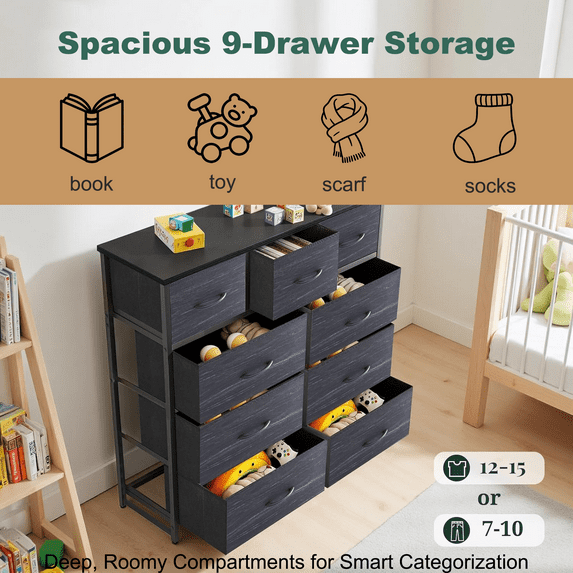 Aidoly 9-Drawer Dresser with Wooden Top, Adjustable Feet, Sturdy Metal Frame Dressers for Bedroom, Living Room