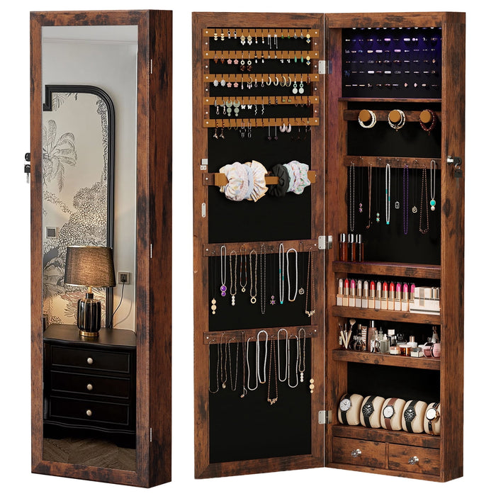 Blorly Jewelry Armoire with 6 LEDs Mirror, Mirror with Storage, Lockable Jewelry Storage for Wall or Door Mounted, Brown