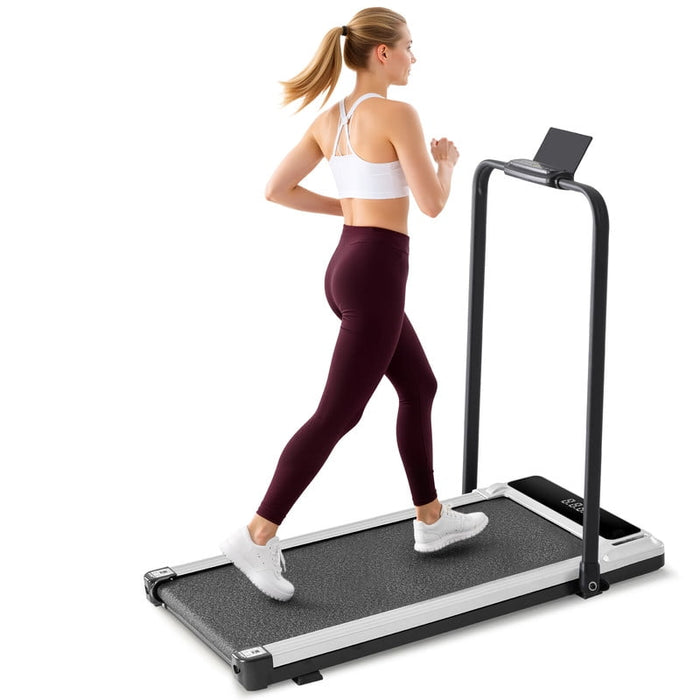Betcozy Compact Treadmill with handle, Quiet Under-Desk Walking Pad, Slim & Portable Design for Home Office Workouts, Easy to Store, Ideal for Apartments and Work-from-Home Fitness, Silver