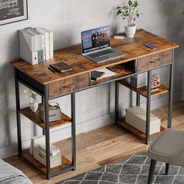 Betcozy Writing Desk, 48 Inch Brown Long Desk With Fabric Storage Drawers, Computer Desk for Bedroom, Gaming, Writing, Study