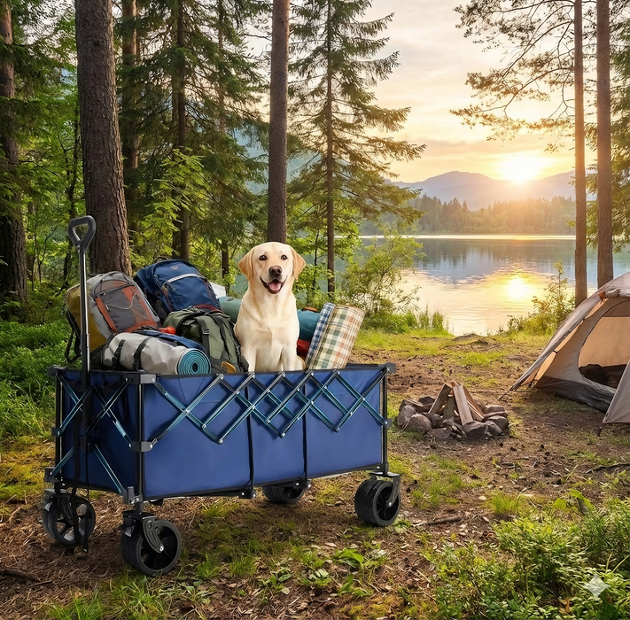 Blorly Foldable Wagon with 48" Cargo Platform, 440lbs Heavy Duty Collapsible Extended Utility Cart with All Terrain Wide Wheels & Brakes, Large Capacity Beach Wagon for Camping, Gardening, Pets, Blue
