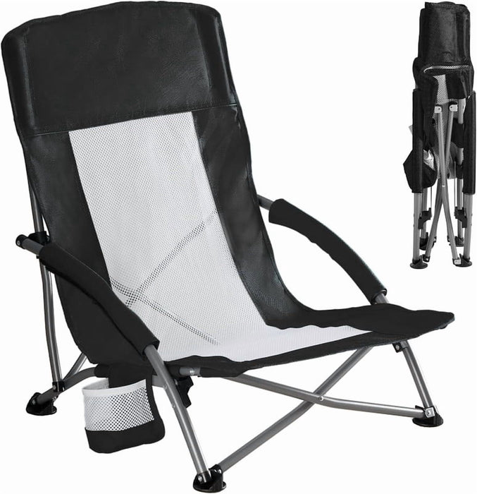 Bigleap Portable Beach Chair, Low Heavy Duty Camping Chair with Carry Bag, Breathable Mesh Lawn Chair for Outdoor, Travel, Festival, Black
