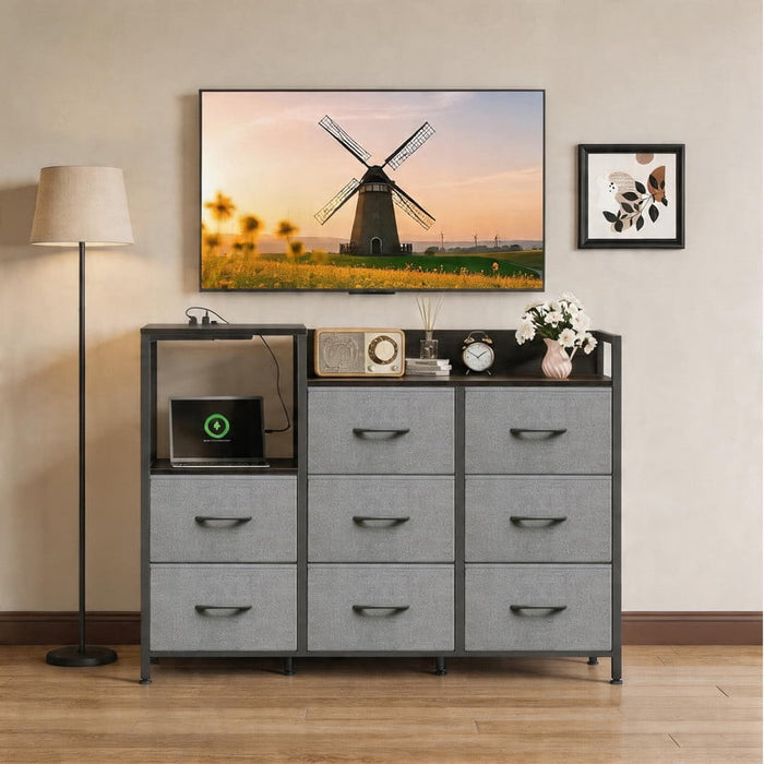 Betcozy Modern 8 Drawer Dresser with Charging Station, Wide Storage Chest with Open Display Shelves, Tall Fabric Dresser for Living Room, Media Console for Wall-Mounted TV, Gray