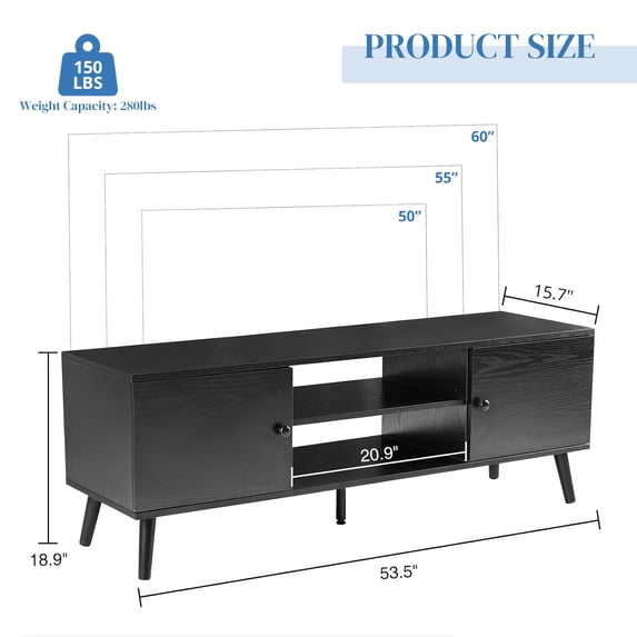 Parcus TV Stand for 55-60 inch TVs, Mid-Century Modern Entertainment Center with Storage, Wood Media Console