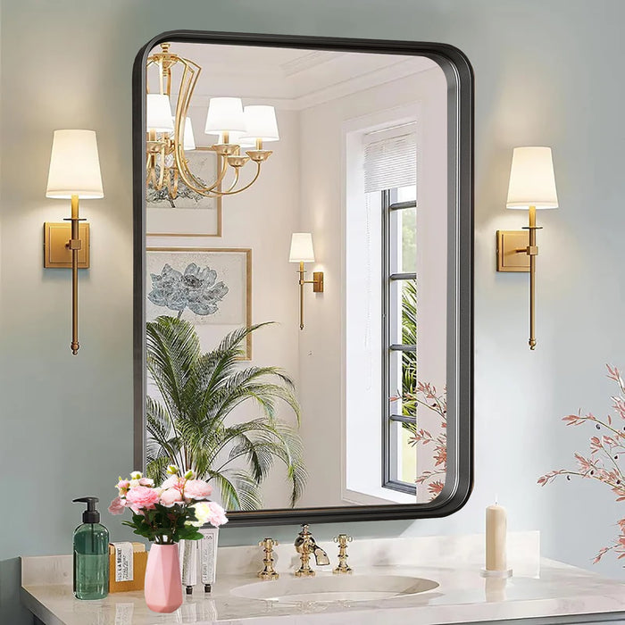 TINKLE WELL 30"×22"  Bathroom Wall Mirror, Modern Black Vanity Mirror with Round Corner Rectangular Metal Frame, Hangs Horizontally or Vertically