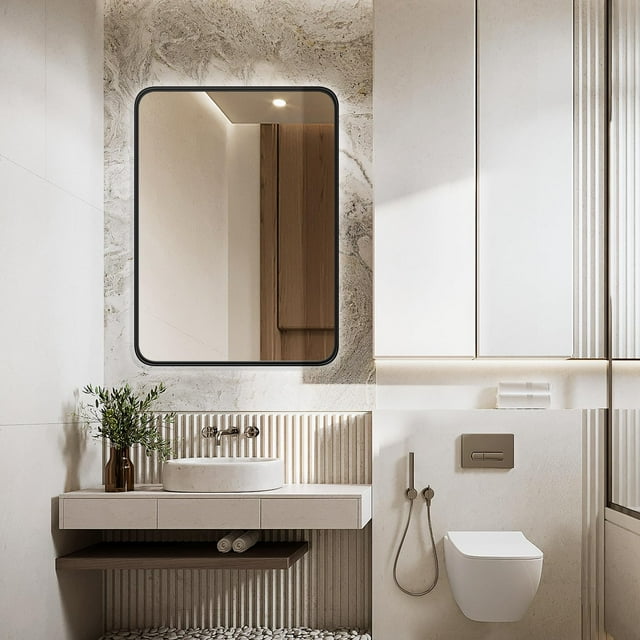 Blorly Black Bathroom Vanity Mirror for Wall, 24" x 36" Black Modern Rectangle Wall Mirror Metal Framed Wall Mirror Farmhouse Rectangle, Anti-Rust, Tempered Glass, Hangs Horizontally or Vertically